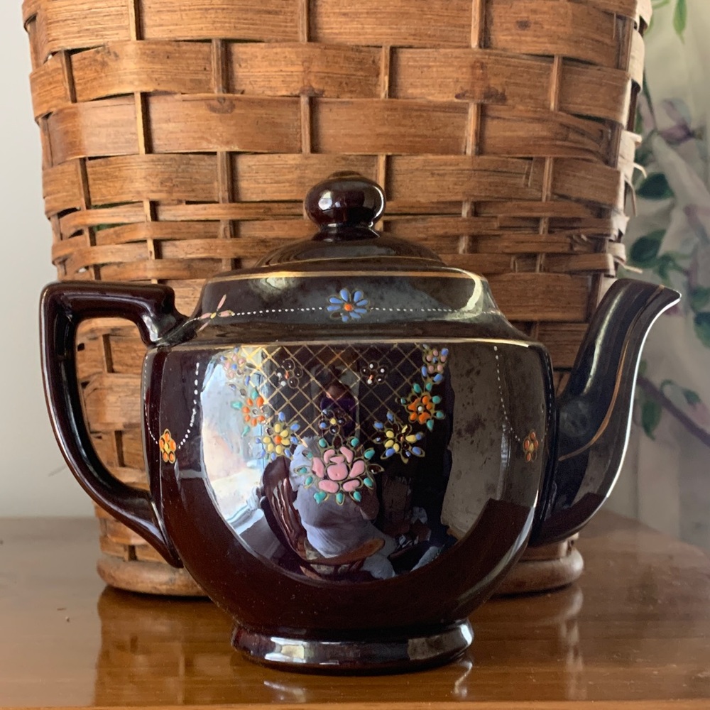 Hand-Painted Brown Ceramic Teapot with Floral Motif